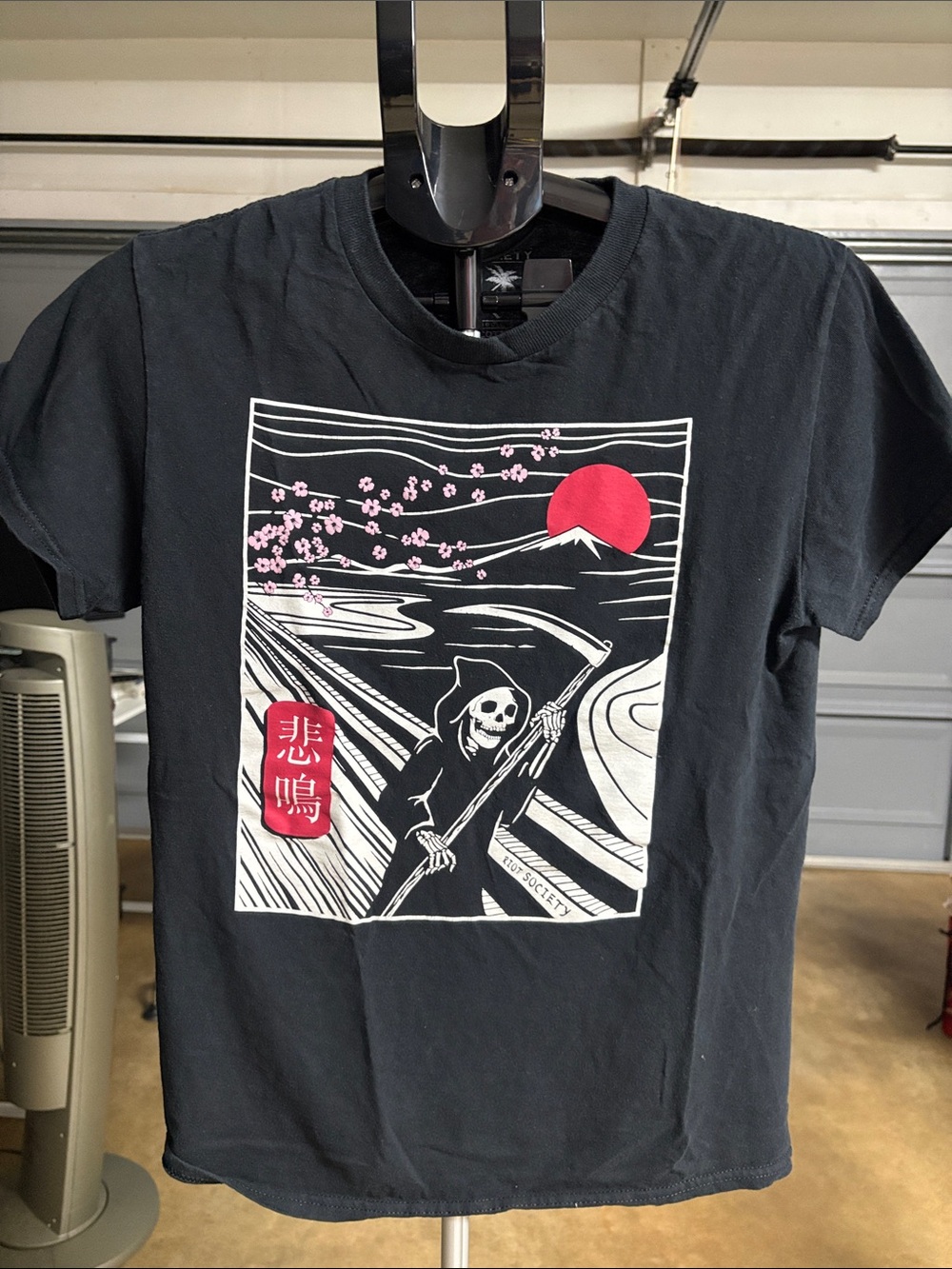 Black Graphic Skull Reaper Tee with Red Accents